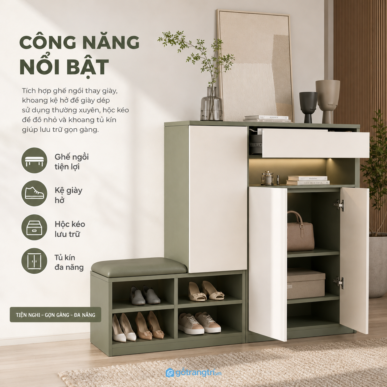Công năng lưu trữ giày dép và đồ cá nhân rõ ràng Công năng lưu trữ giày dép và đồ cá nhân rõ ràng