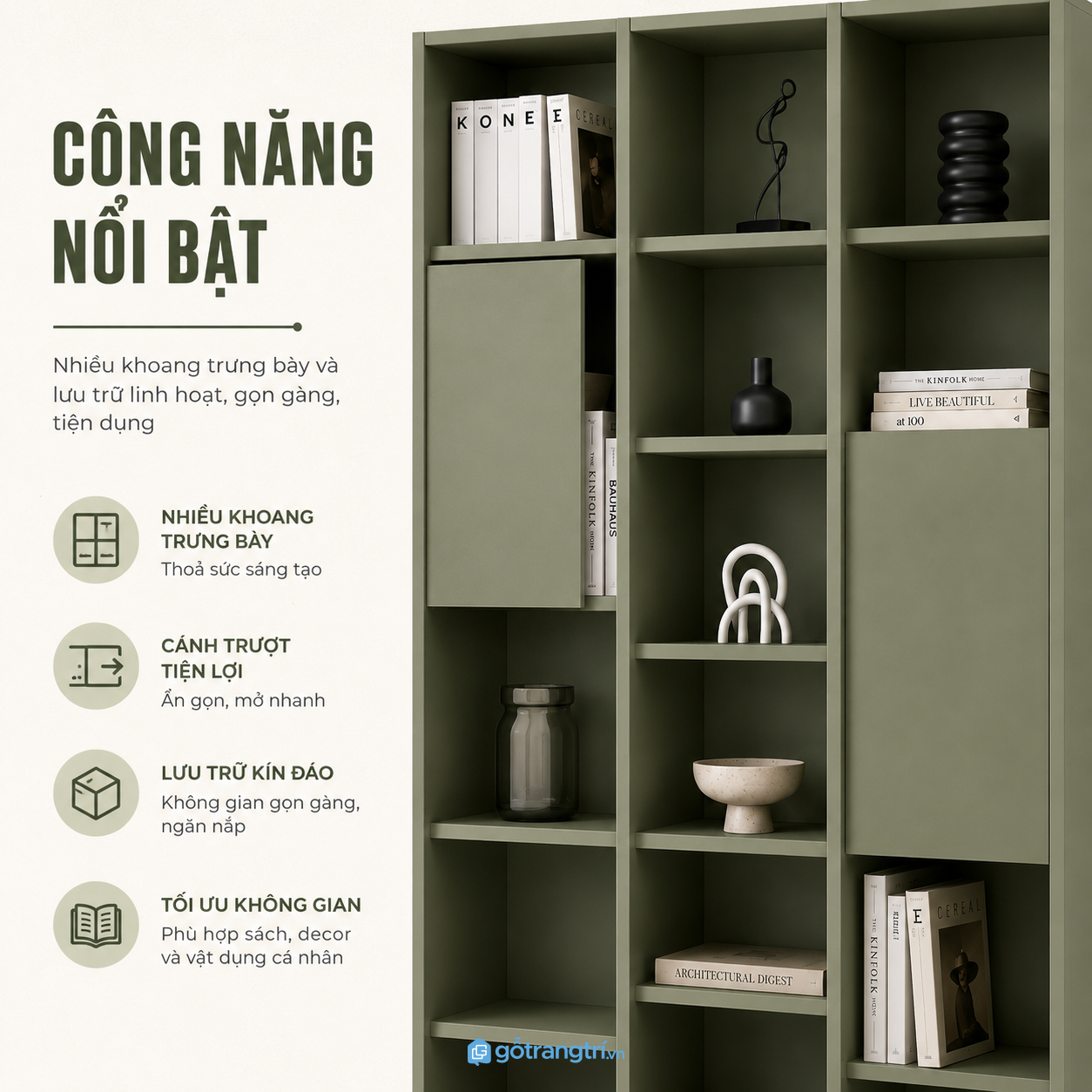 Công năng lưu trữ linh hoạt cho sách và đồ cá nhân