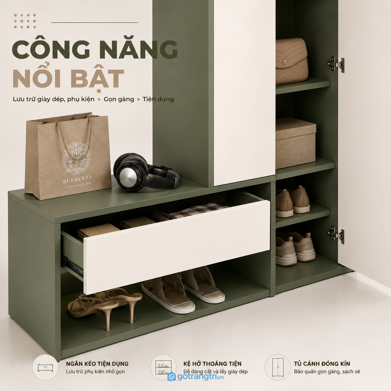 Công năng lưu trữ rõ ràng cho giày dép và đồ cá nhân