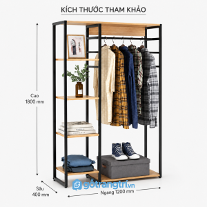 Giá treo quần áo khung sắt 1m2 nhiều tầng có kệ gỗ