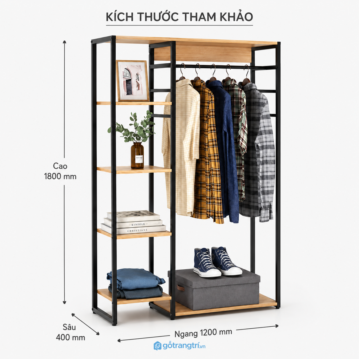 Giá treo quần áo khung sắt 1m2 nhiều tầng có kệ gỗ Giá treo quần áo khung sắt 1m2 nhiều tầng có kệ gỗ