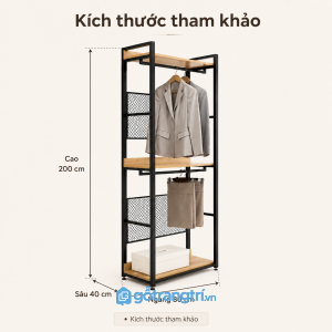 Giá treo quần áo khung sắt 2 tầng có kệ gỗ tối ưu không gian lưu trữ