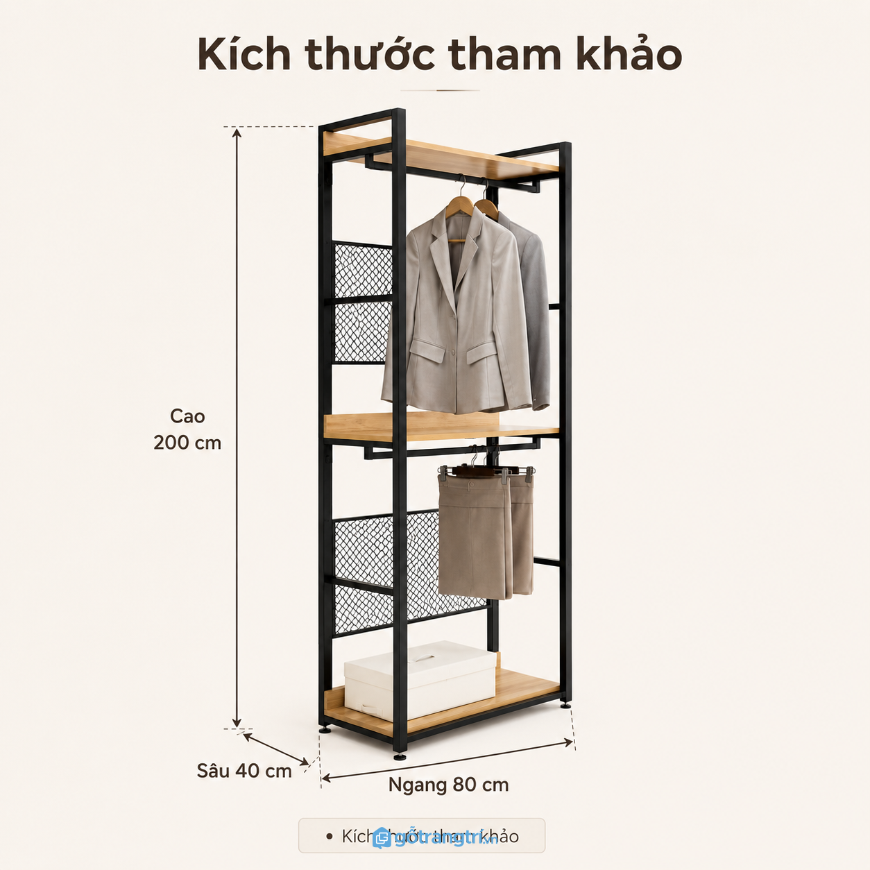 Giá treo quần áo khung sắt 2 tầng có kệ gỗ tối ưu không gian lưu trữ