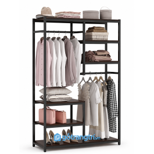 Giá treo quần áo khung sắt gỗ đa năng có kệ lưu trữ GHS-1004 - 1900x450x1400mm - vân gỗ - GHS-1004