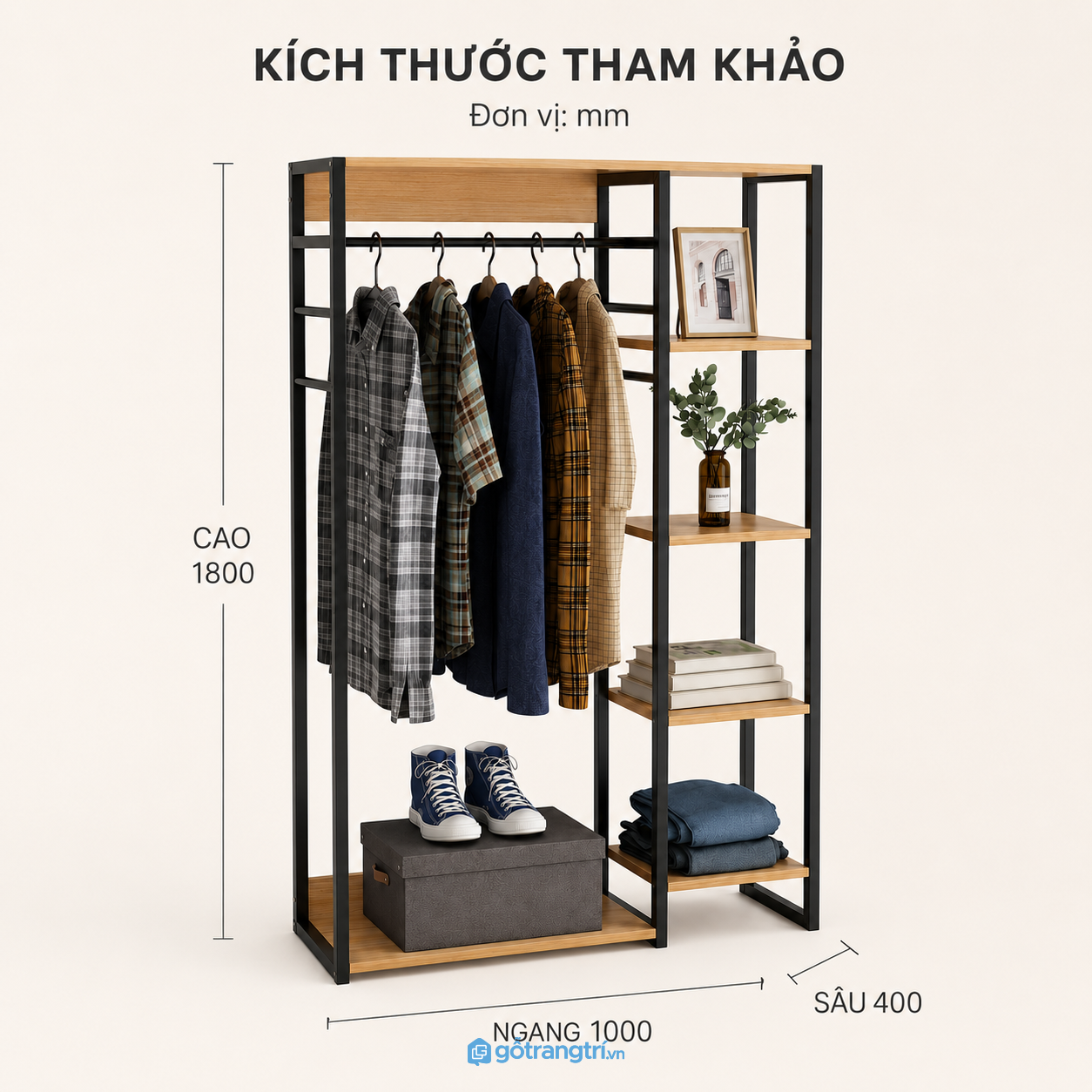 Giá treo quần áo khung sắt gỗ đa năng tối ưu không gian lưu trữ hiện đại