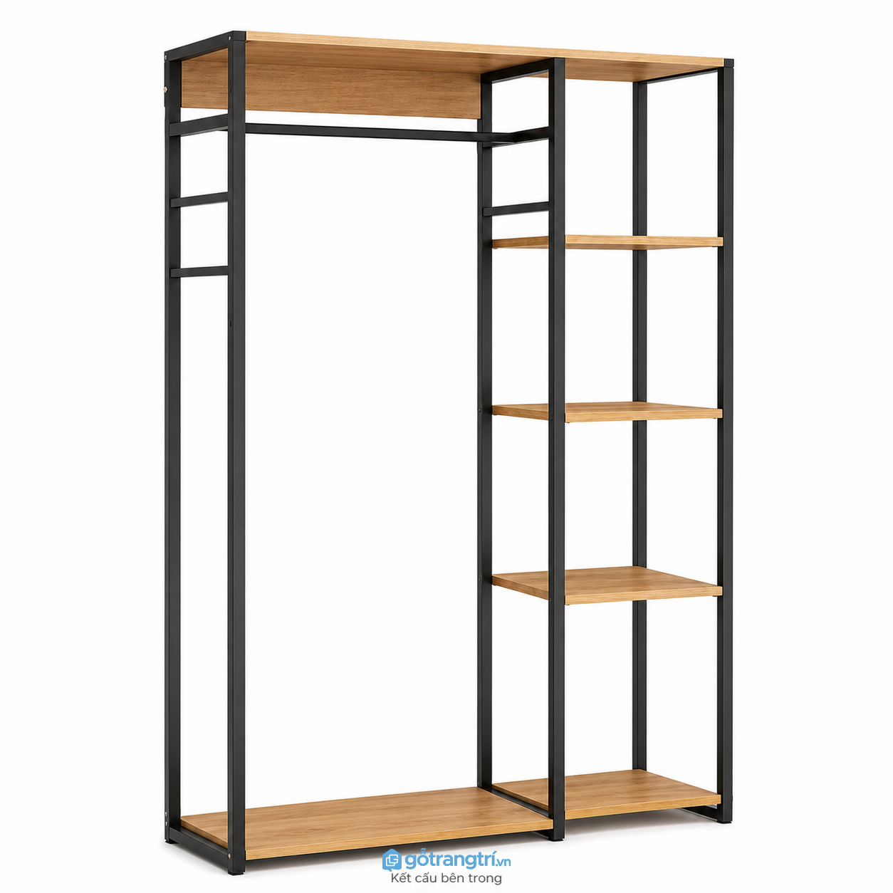 Giá treo quần áo khung sắt kết hợp kệ gỗ hiện đại GHS-1008 - hình ảnh thực tế 1