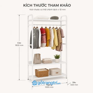 Giá treo quần áo màu trắng có 3 tầng để đồ rộng 1m