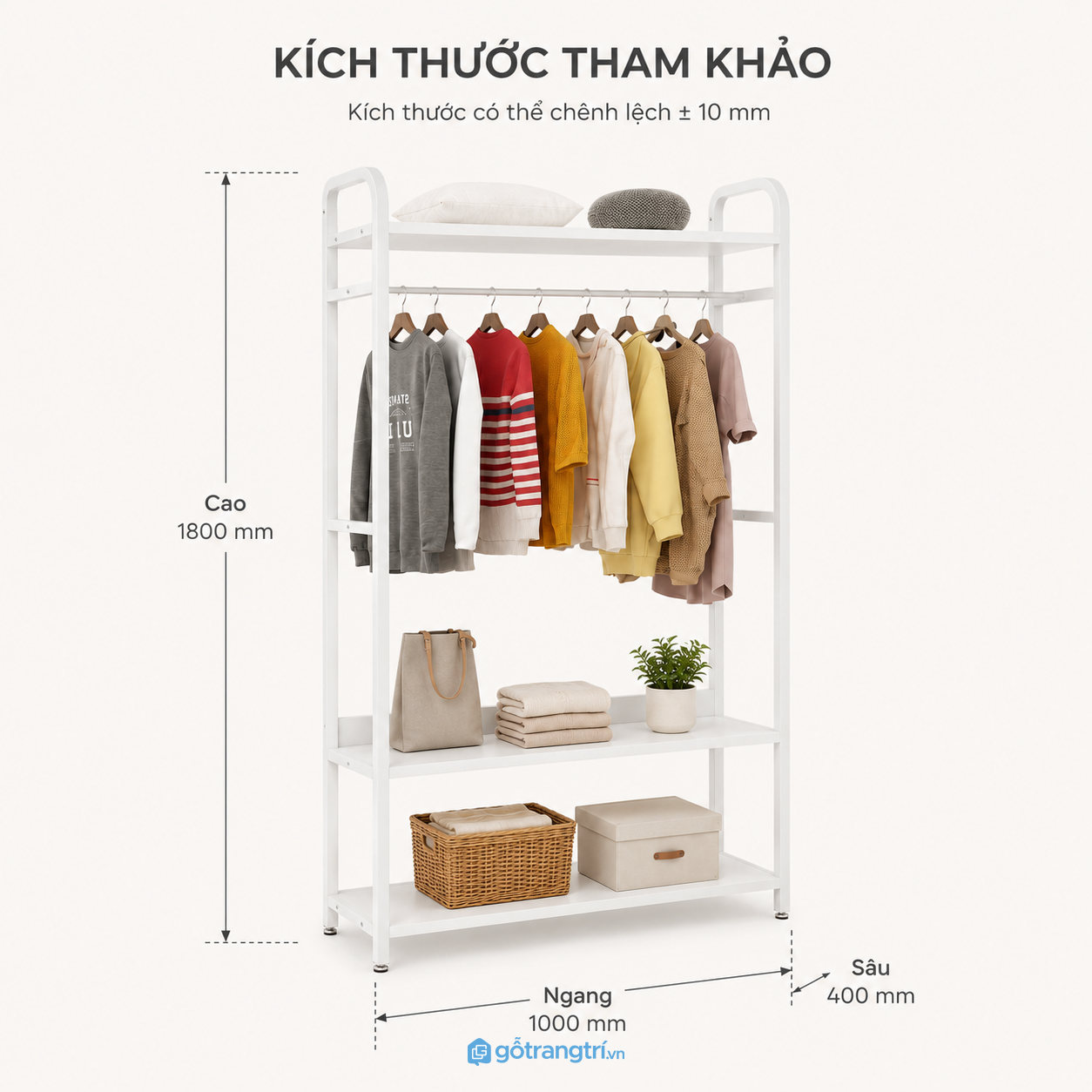 Giá treo quần áo màu trắng có 3 tầng để đồ rộng 1m