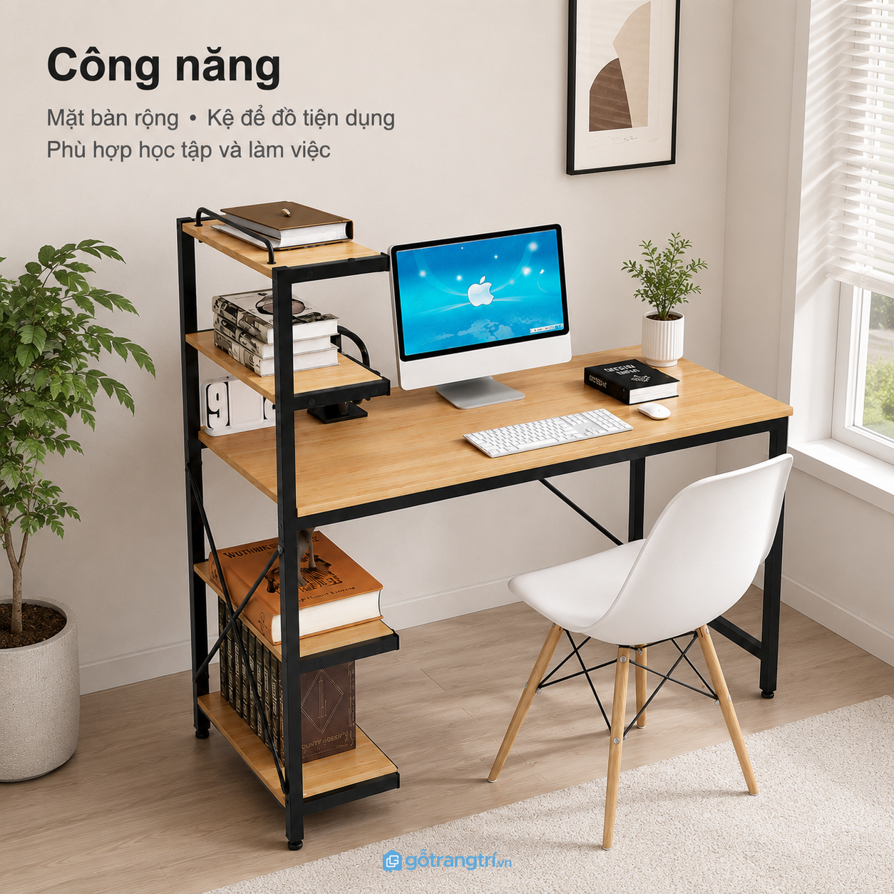 Chi tiết thiết kế Bàn làm việc khung sắt kèm kệ sách bên hông GHS-4043