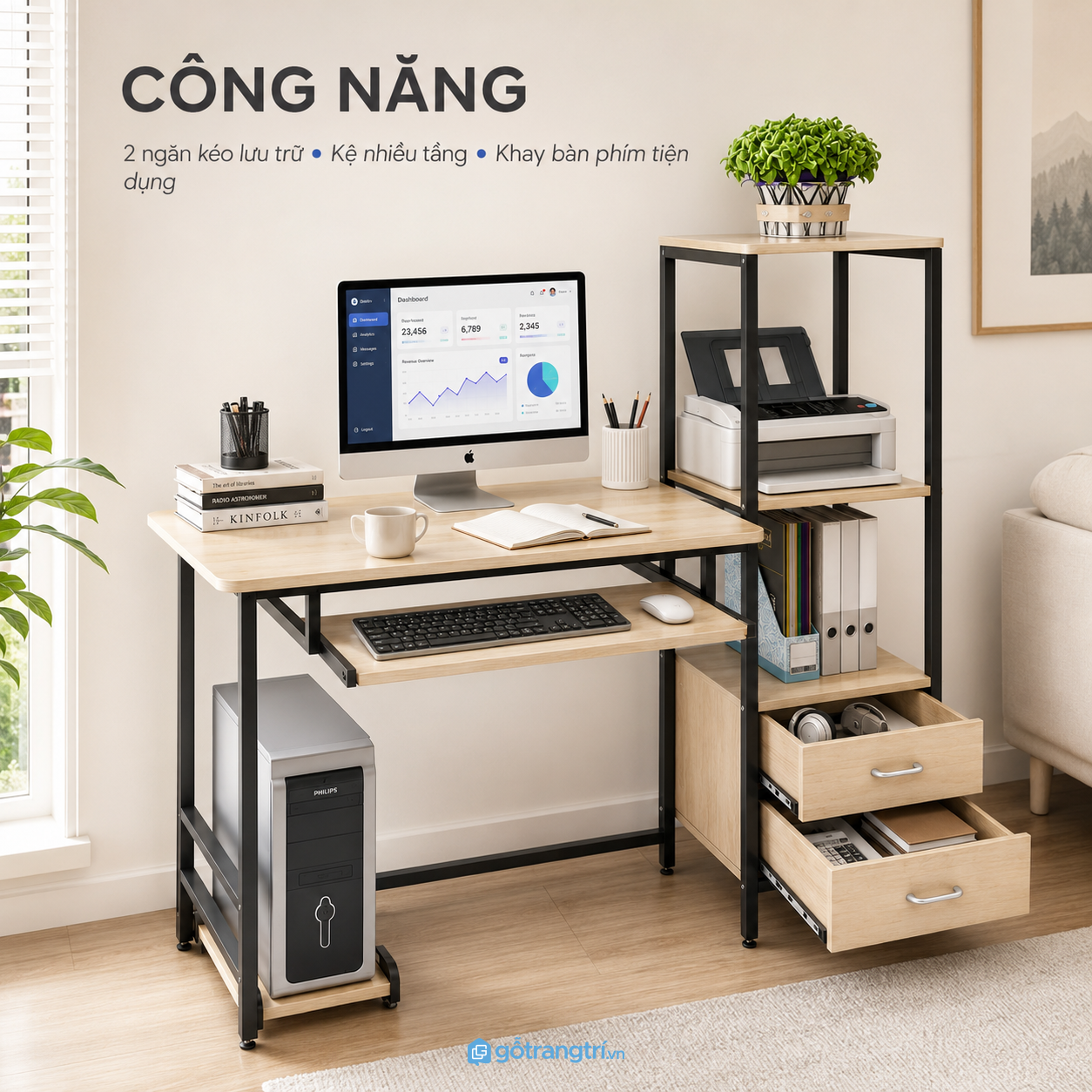 Hệ lưu trữ đa năng giúp bàn làm việc luôn ngăn nắp