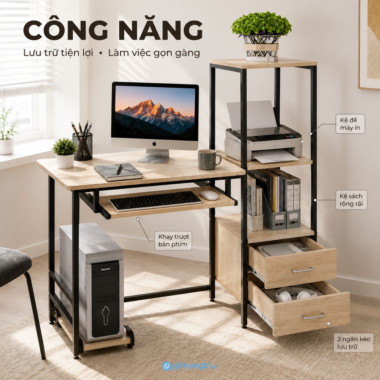 Hệ lưu trữ khoa học giúp bàn làm việc luôn gọn gàng