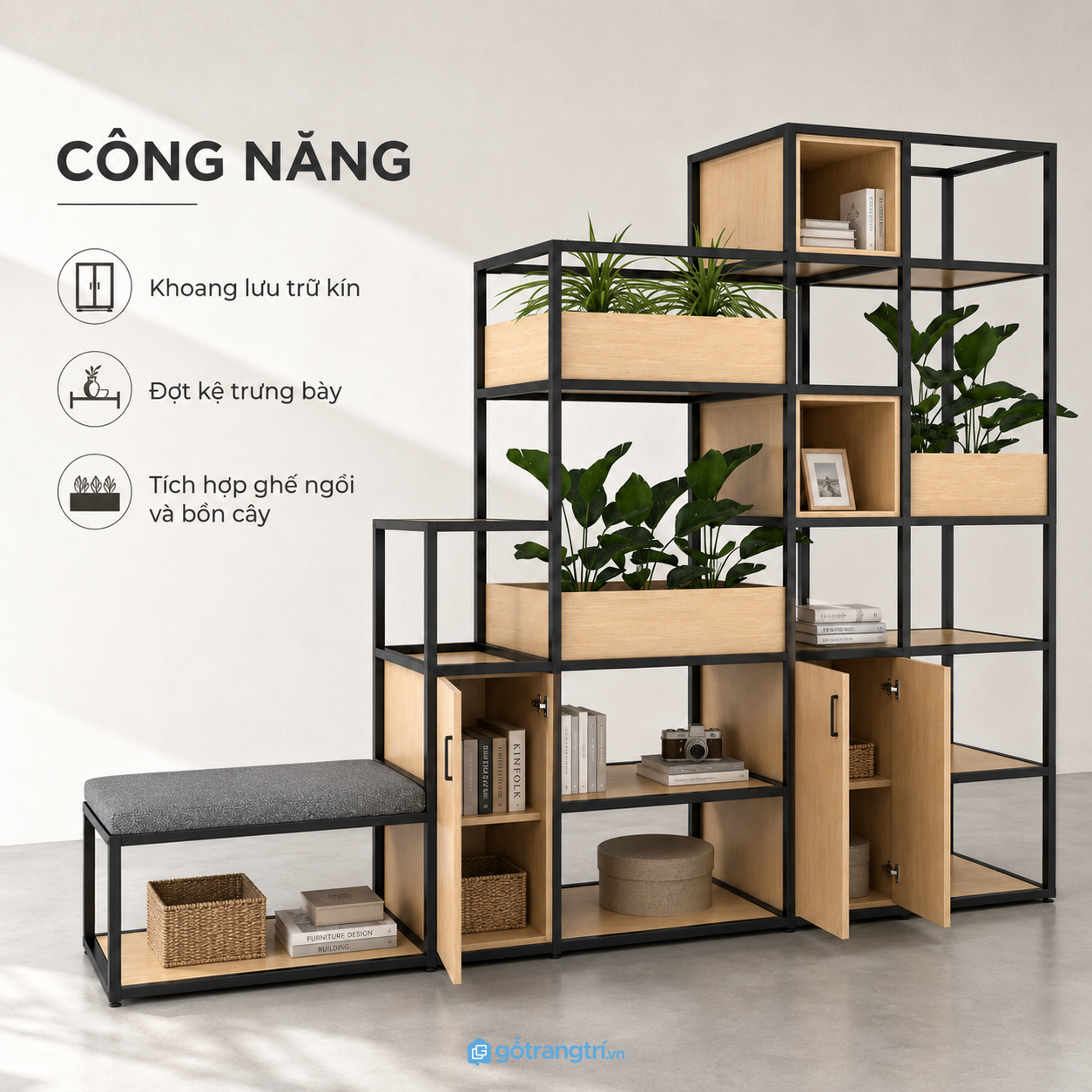 Hệ lưu trữ linh hoạt kết hợp khu vực trưng bày cây xanh Hệ lưu trữ linh hoạt kết hợp khu vực trưng bày cây xanh