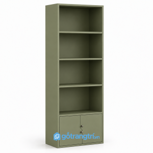 Kệ sách đứng 4 tầng có tủ cánh mở màu xám hiện đại GHS-2002 - 800x350x2200mm - Xanh olive - GHS-2002