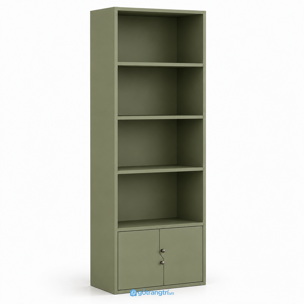 Kệ sách đứng 4 tầng có tủ cánh mở màu xám hiện đại GHS-2002 - 800x350x2200mm - Xanh olive - GHS-2002