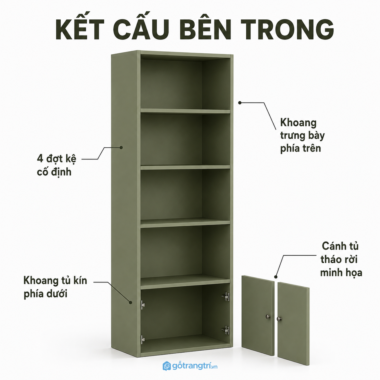 Kệ sách đứng 4 tầng có tủ cánh mở màu xám hiện đại GHS-2002 - hình ảnh thực tế 1