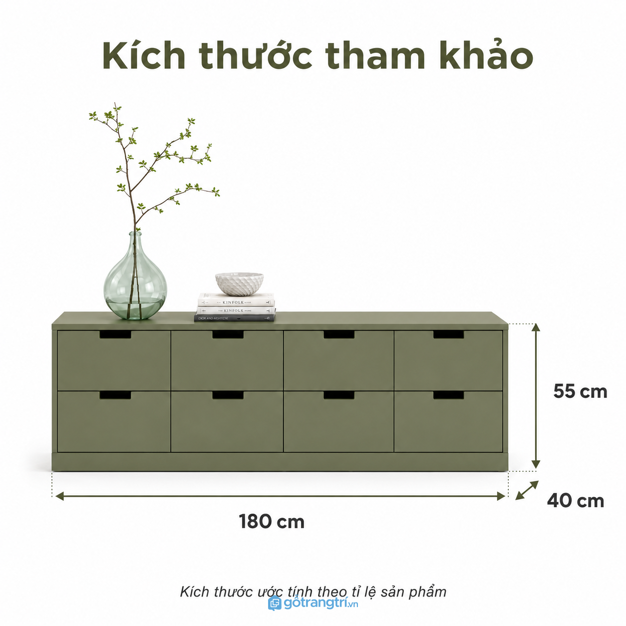 Kệ tivi thấp 8 ngăn kéo màu xanh rêu hiện đại cho phòng khách gọn gàng và sang trọng