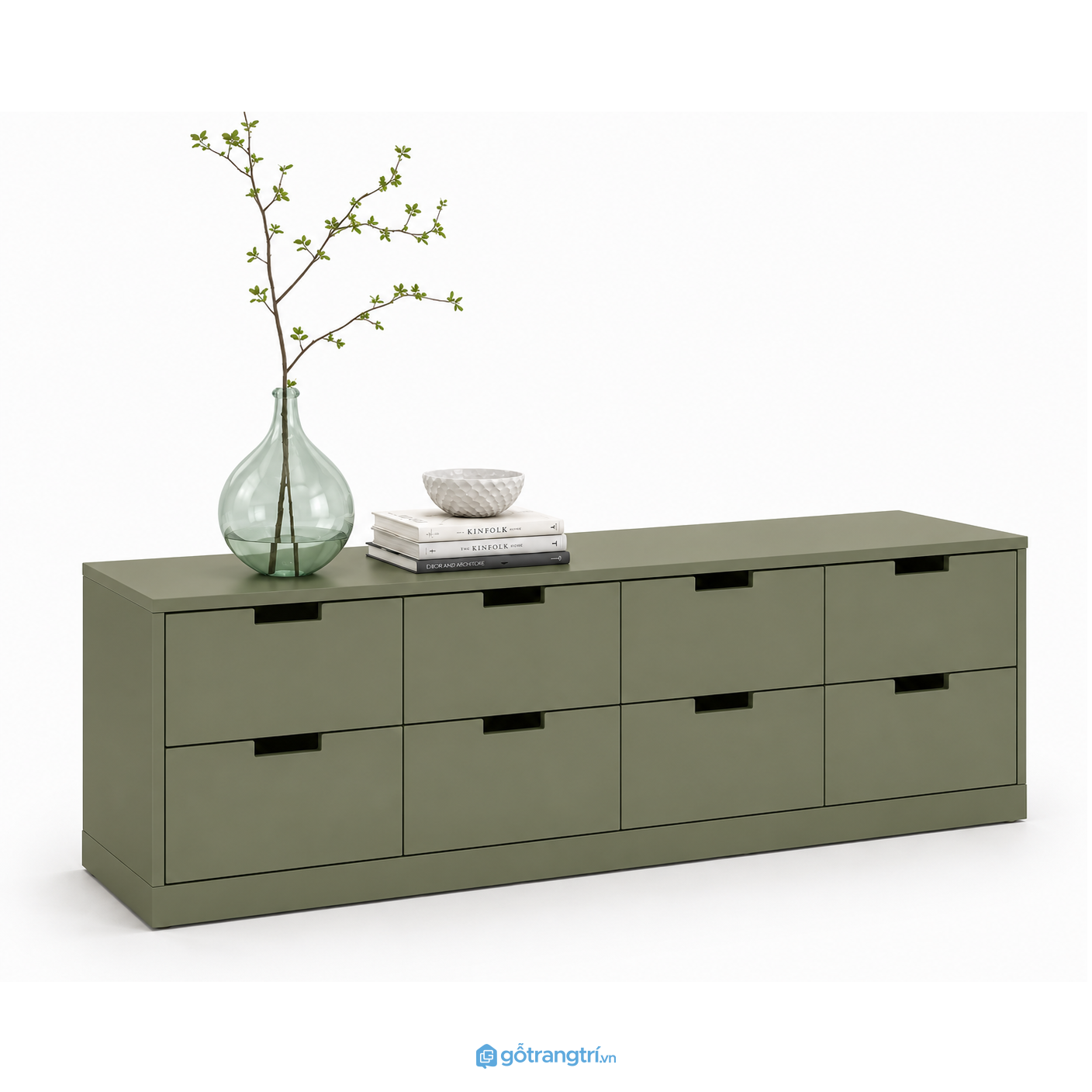 Kệ tivi thấp 8 ngăn kéo màu xanh rêu hiện đại GHS-3003 - 1800x400x550mm - Xanh olive - GHS-3003