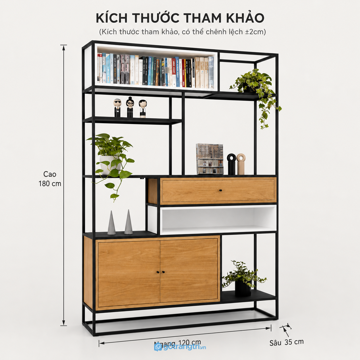 Kệ trang trí khung sắt gỗ có ngăn kéo giúp lưu trữ và trưng bày khoa học