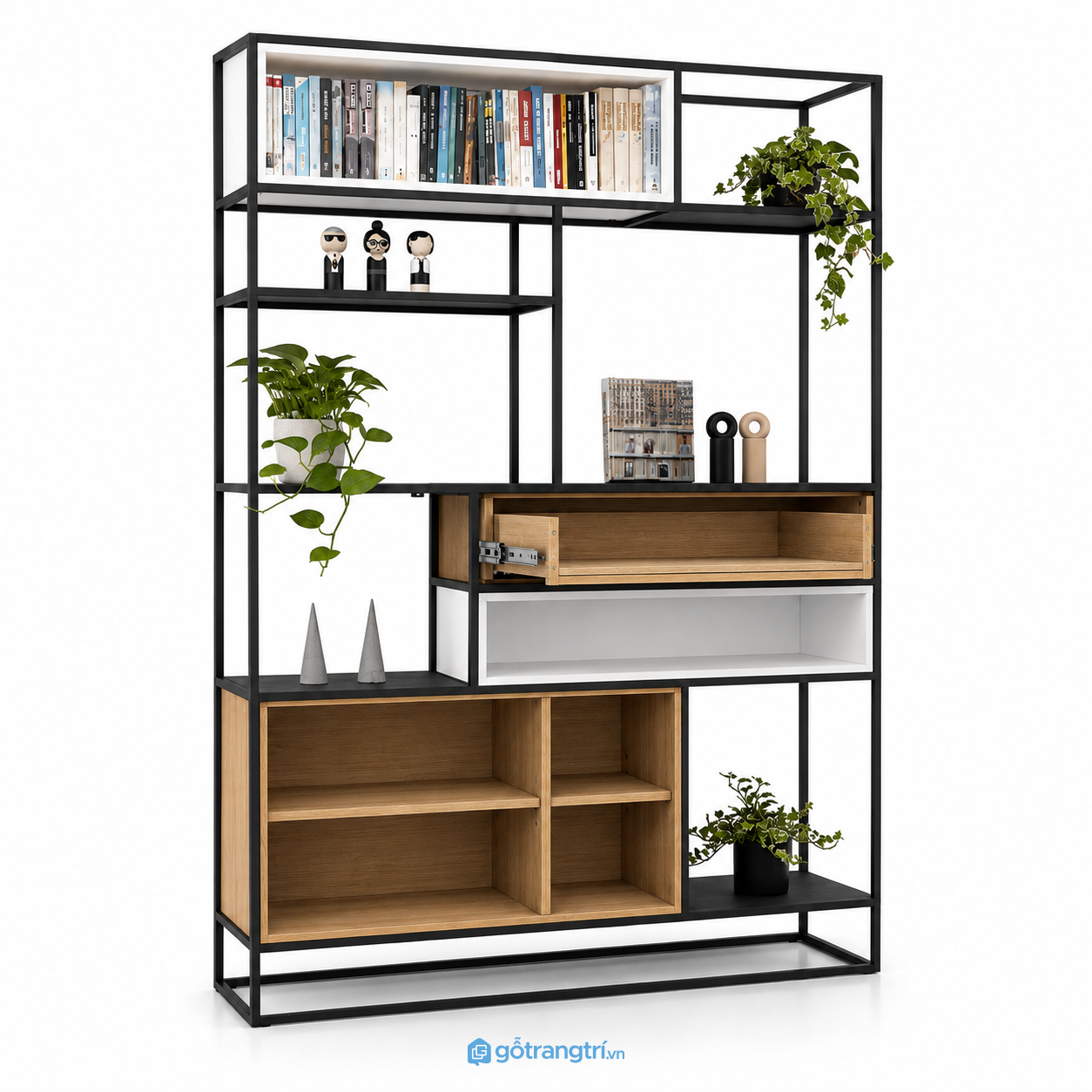 Kệ trang trí khung sắt gỗ có ngăn kéo phong cách hiện đại GHS-2013 - hình ảnh thực tế 1