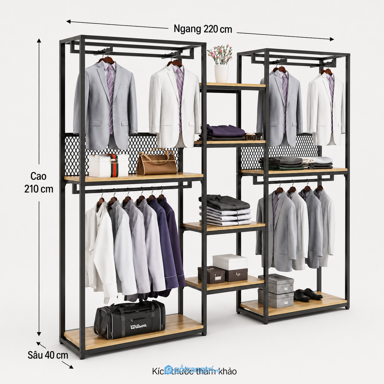 Kệ treo quần áo khung sắt đôi 2m2 nhiều tầng