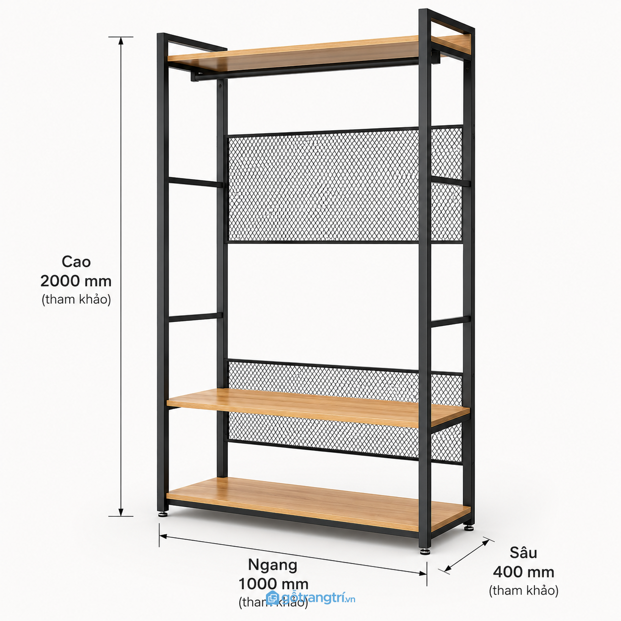 Kệ treo quần áo khung sắt gỗ 1m có ba tầng để đồ