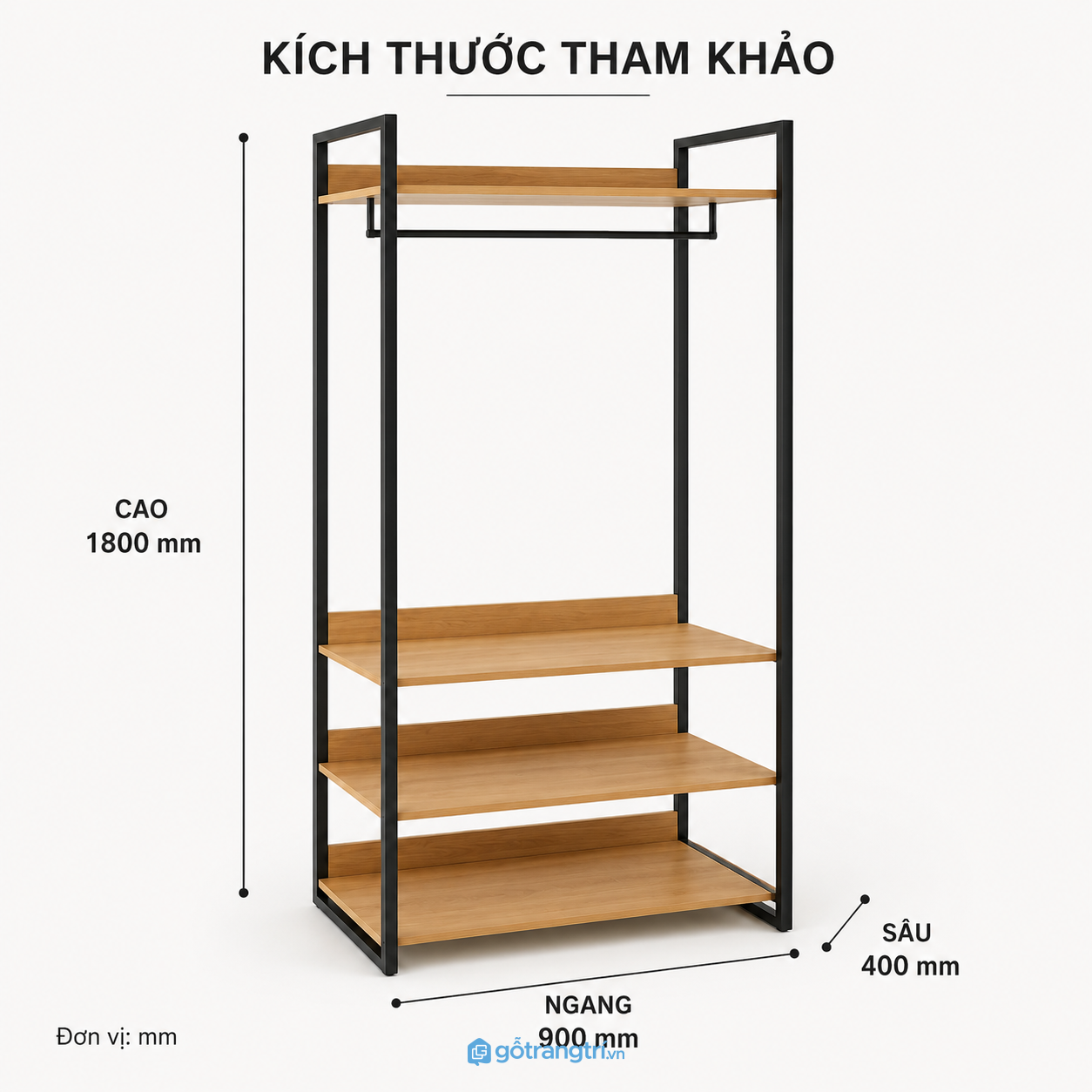 Kệ treo quần áo khung sắt mặt gỗ 4 tầng tối ưu lưu trữ cho không gian hiện đại