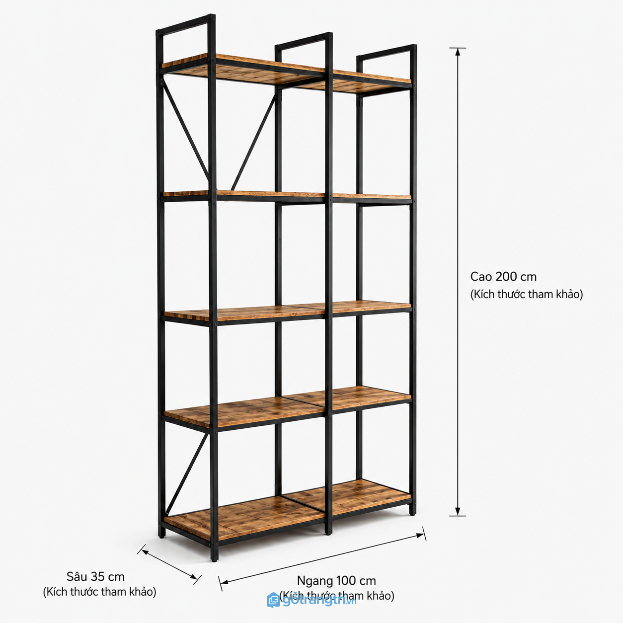 Kệ trưng bày khung sắt 1m 5 tầng mặt gỗ cao 2m
