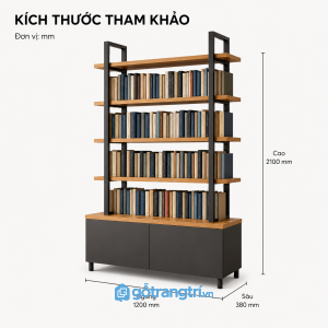 Kệ trưng bày khung sắt gỗ có tủ lưu trữ giúp không gian gọn gàng và hiện đại