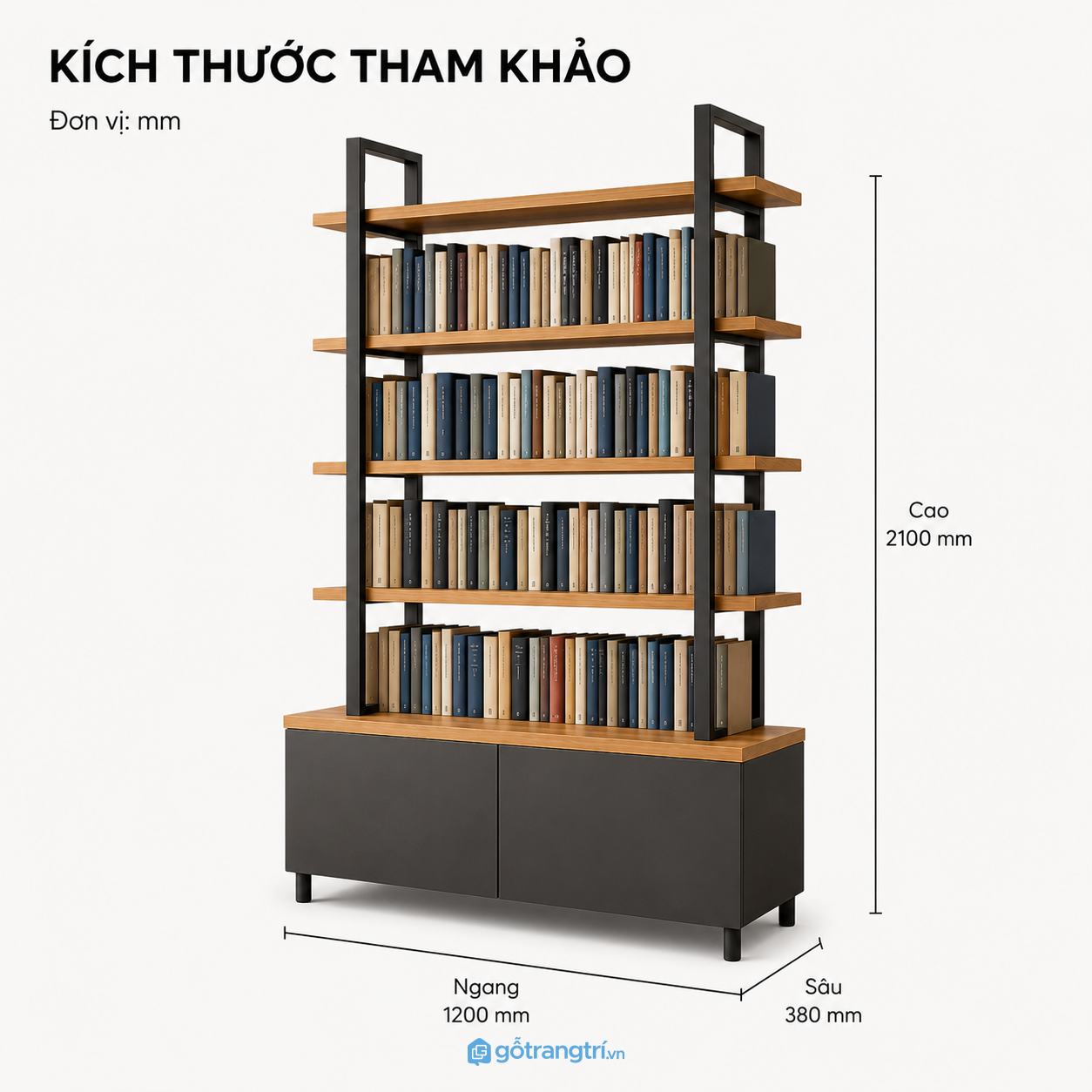 Kệ trưng bày khung sắt gỗ có tủ lưu trữ giúp không gian gọn gàng và hiện đại