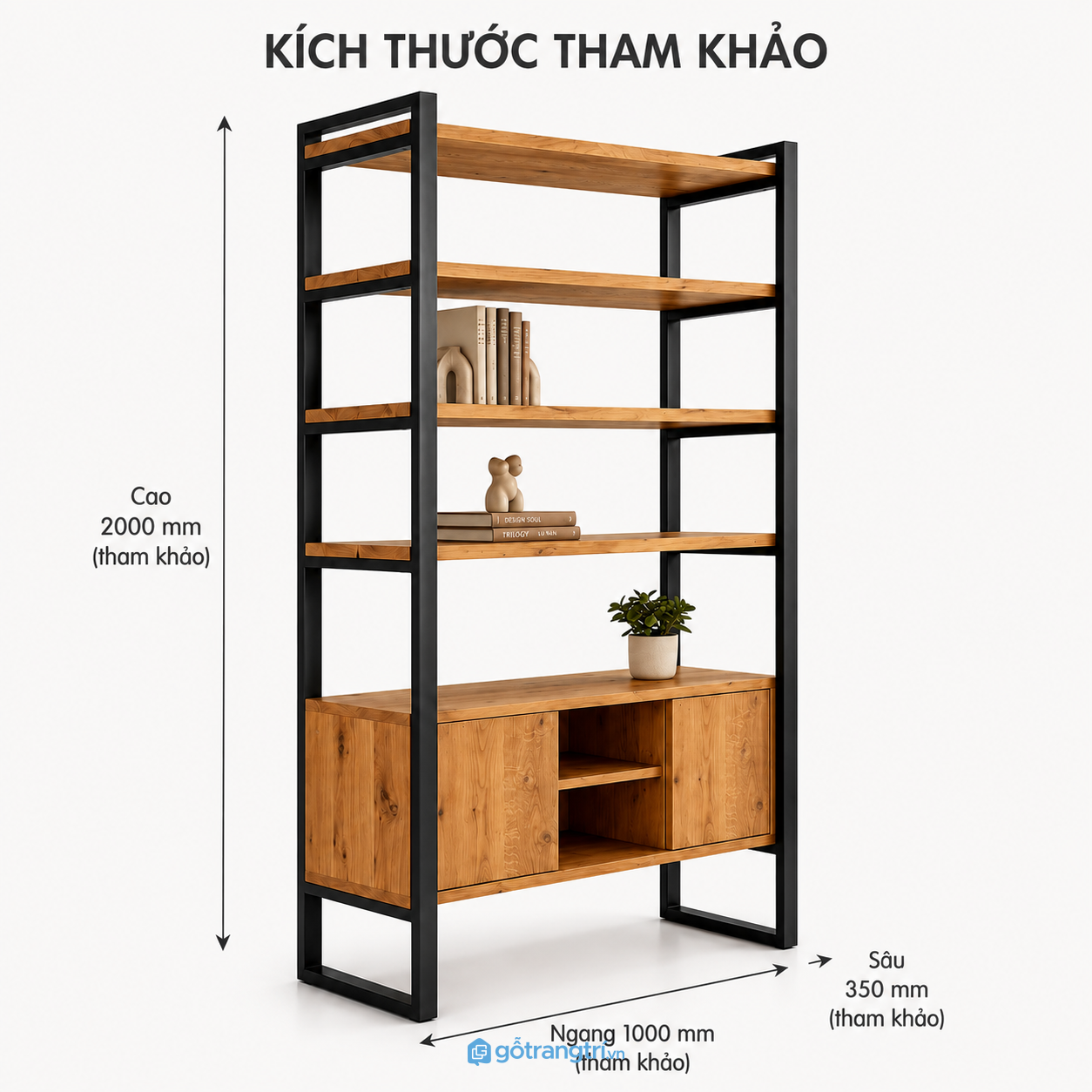 Kệ trưng bày khung sắt gỗ nhiều tầng tối ưu lưu trữ và trang trí không gian