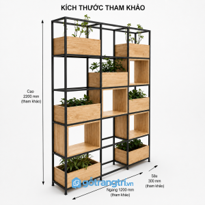Kệ vách ngăn cây xanh khung sắt gỗ nhiều tầng