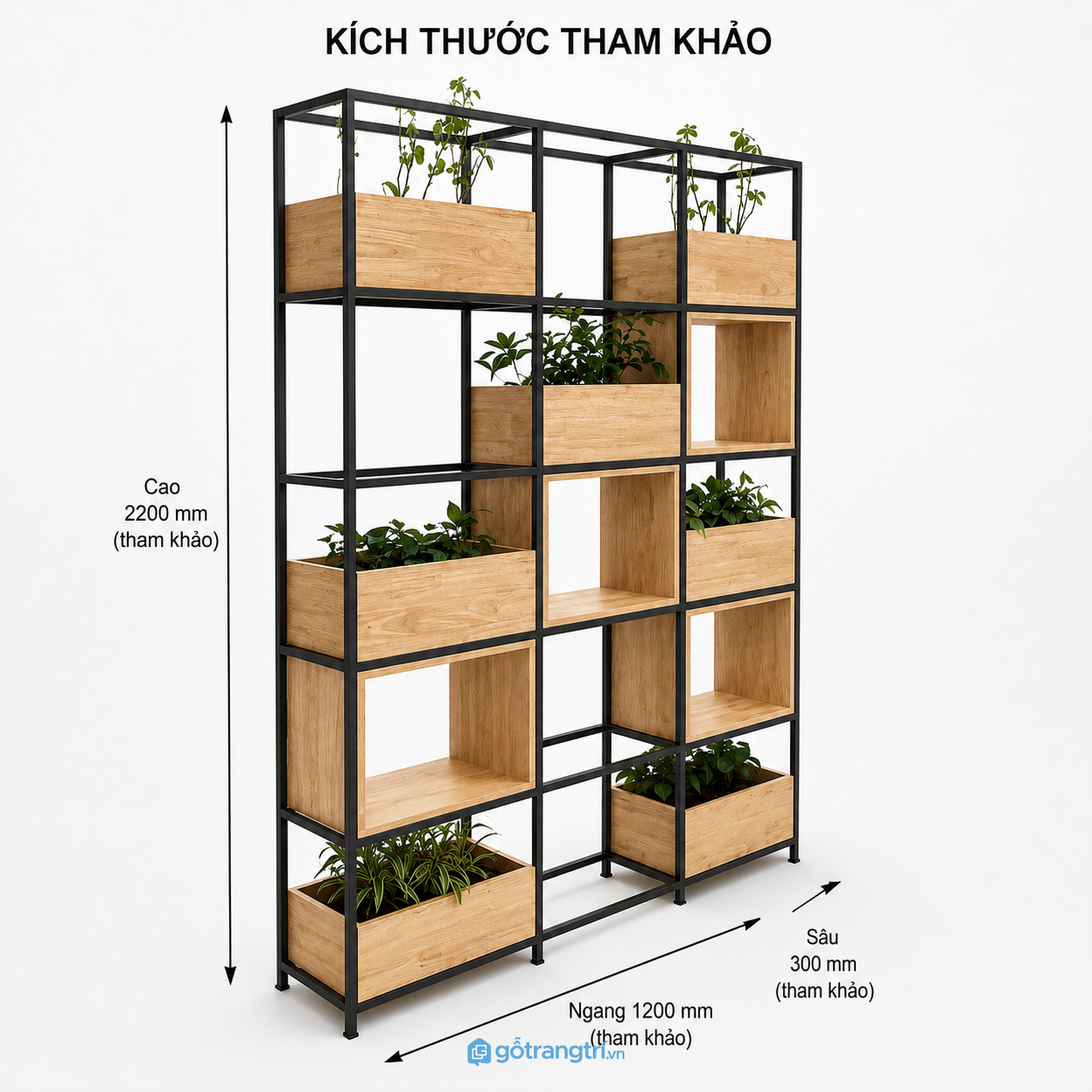 Kệ vách ngăn cây xanh khung sắt gỗ nhiều tầng Kệ vách ngăn cây xanh khung sắt gỗ nhiều tầng