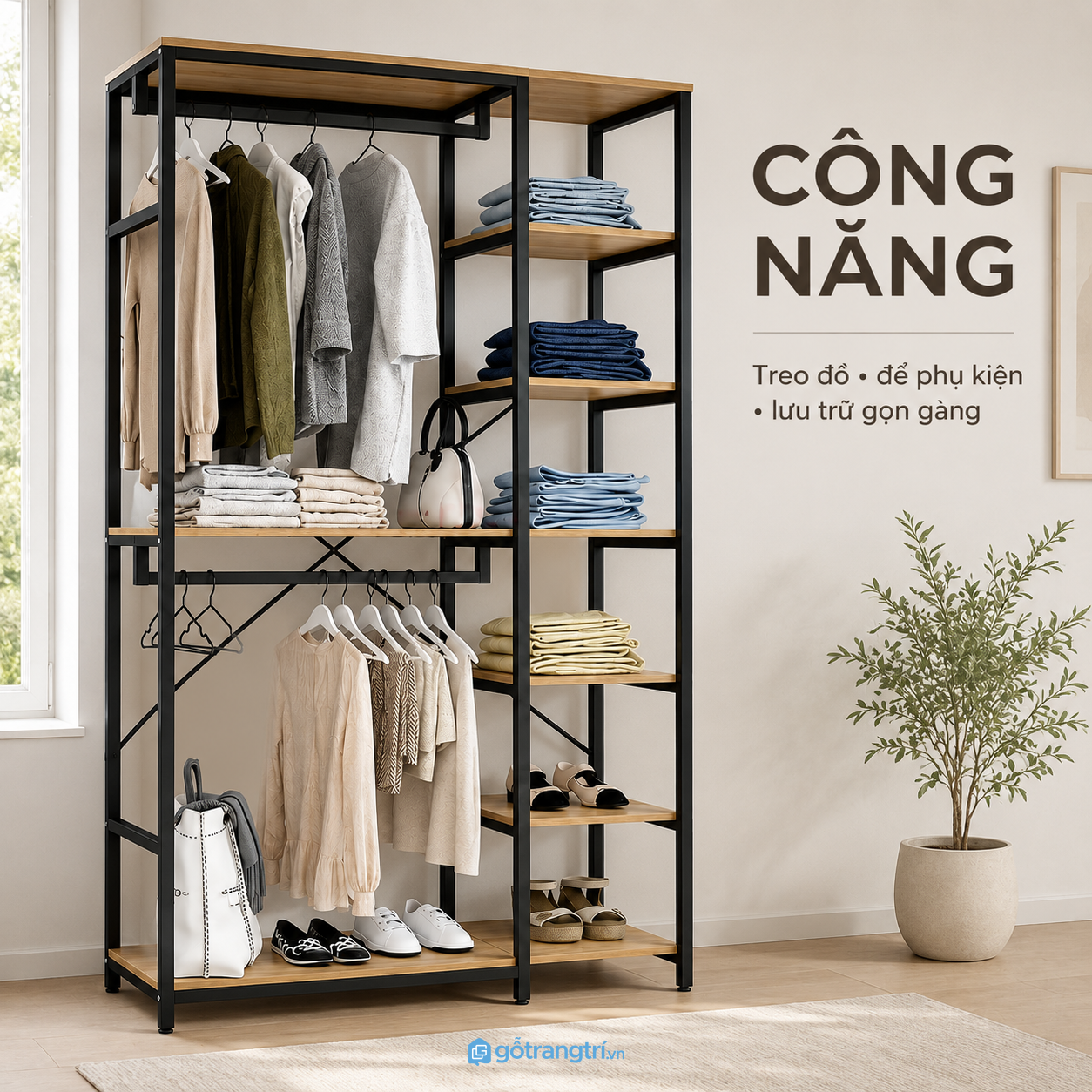 Kết hợp thanh treo và nhiều tầng lưu trữ tiện lợi