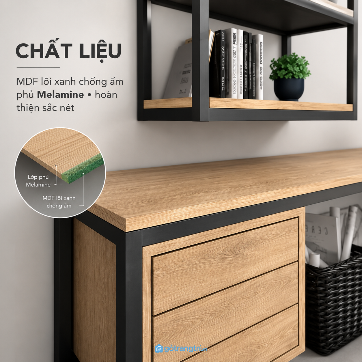 Khung sắt chắc chắn, bề mặt gỗ dễ vệ sinh