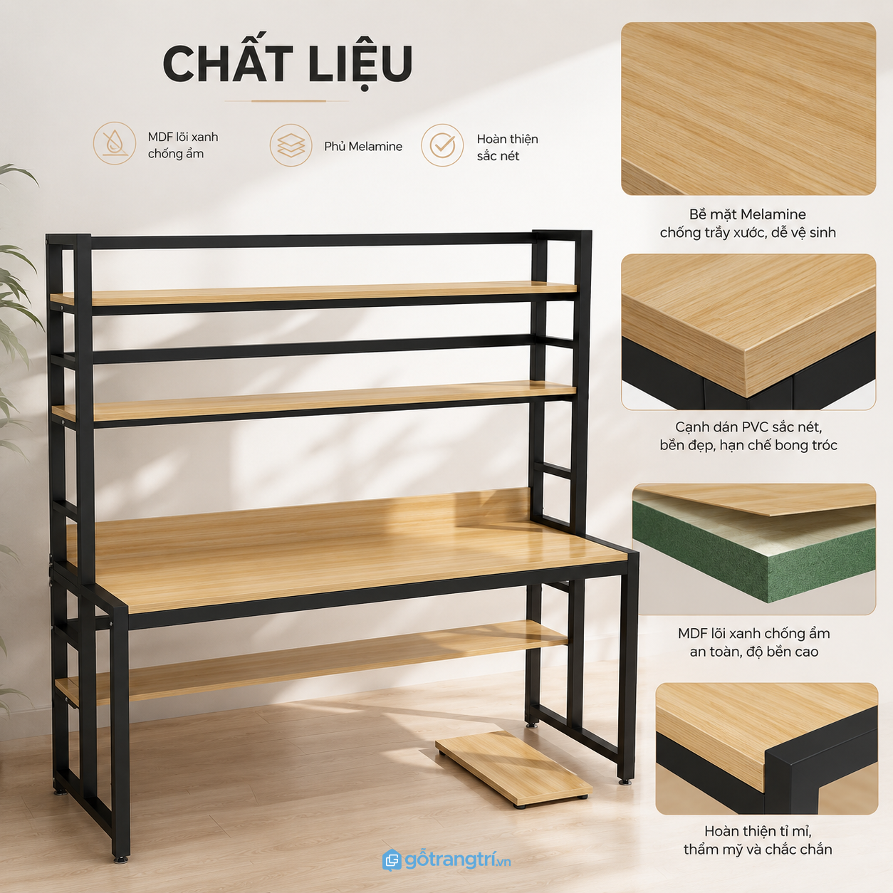 Khung thép chắc chắn kết hợp mặt gỗ bền đẹp