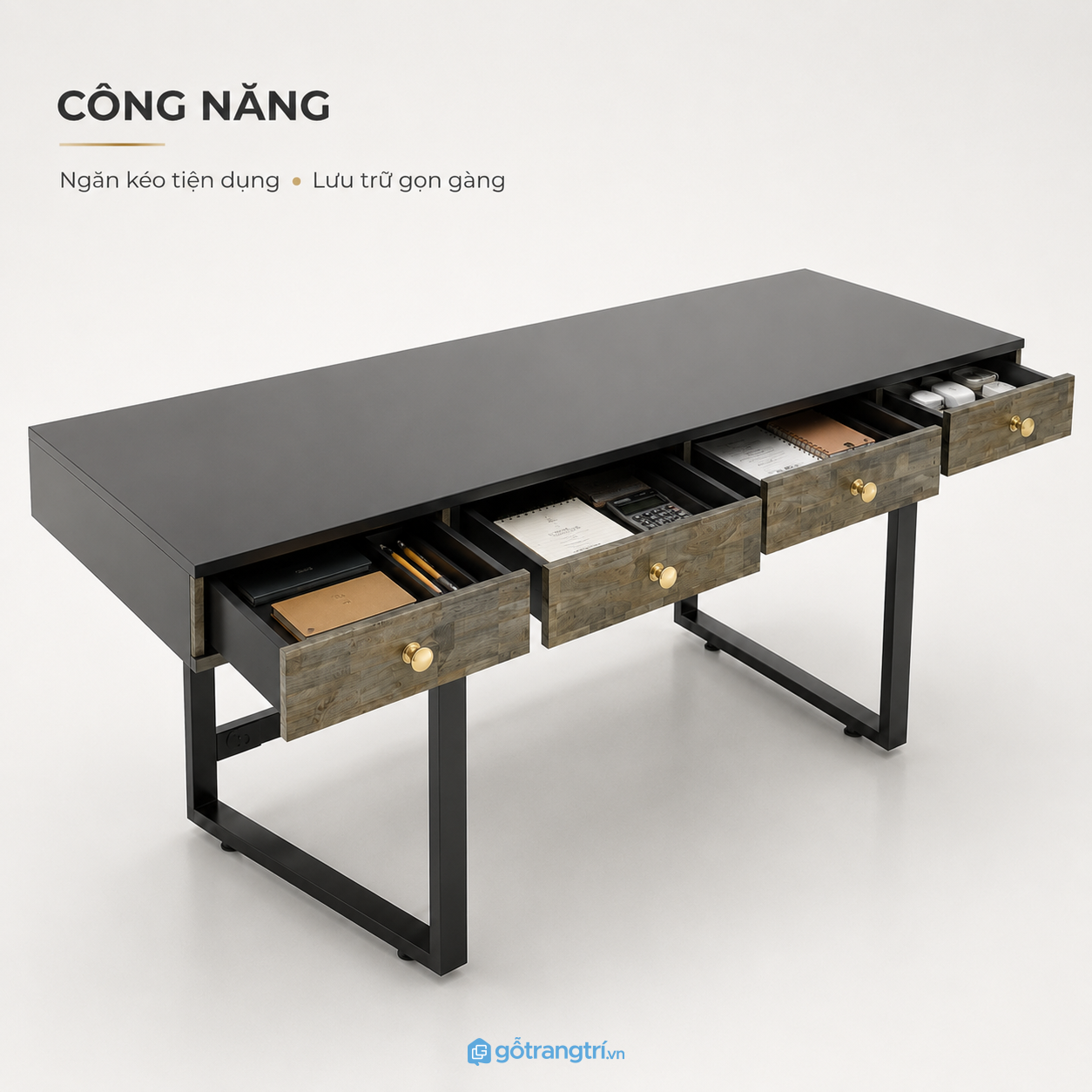 Mặt bàn rộng cùng ba ngăn kéo tiện lợi