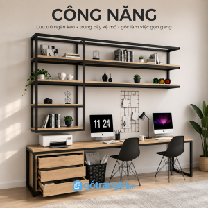 Mặt bàn rộng, nhiều tầng kệ và tủ ngăn kéo
