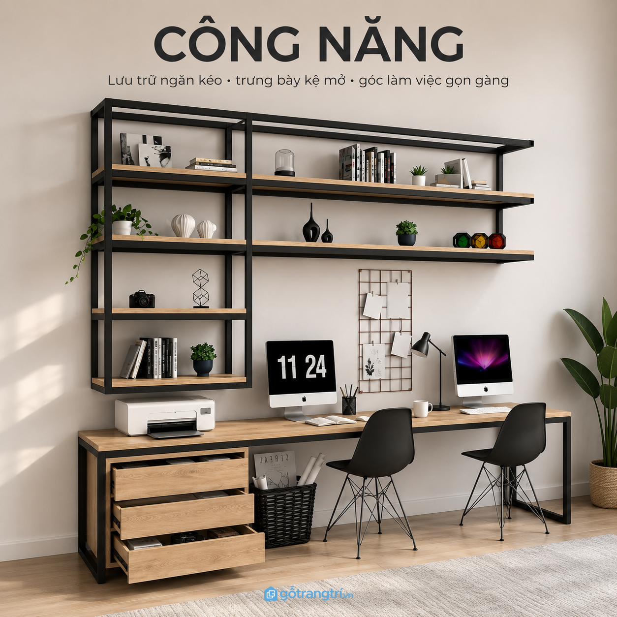 Mặt bàn rộng, nhiều tầng kệ và tủ ngăn kéo