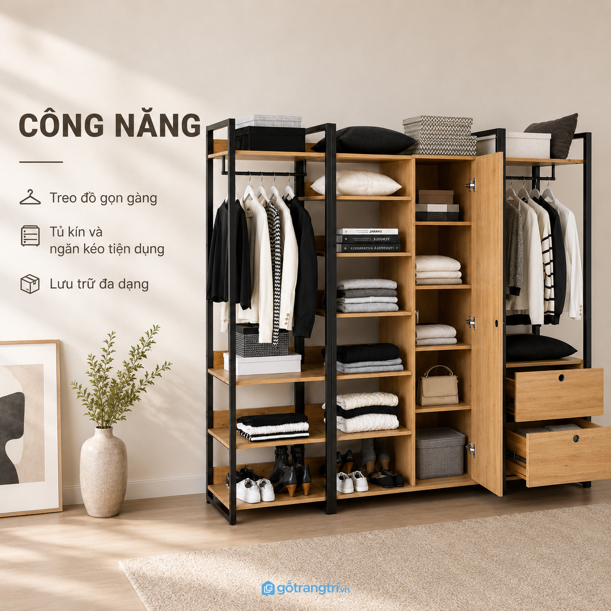Nhiều khoang lưu trữ cho quần áo, giày và phụ kiện Nhiều khoang lưu trữ cho quần áo, giày và phụ kiện