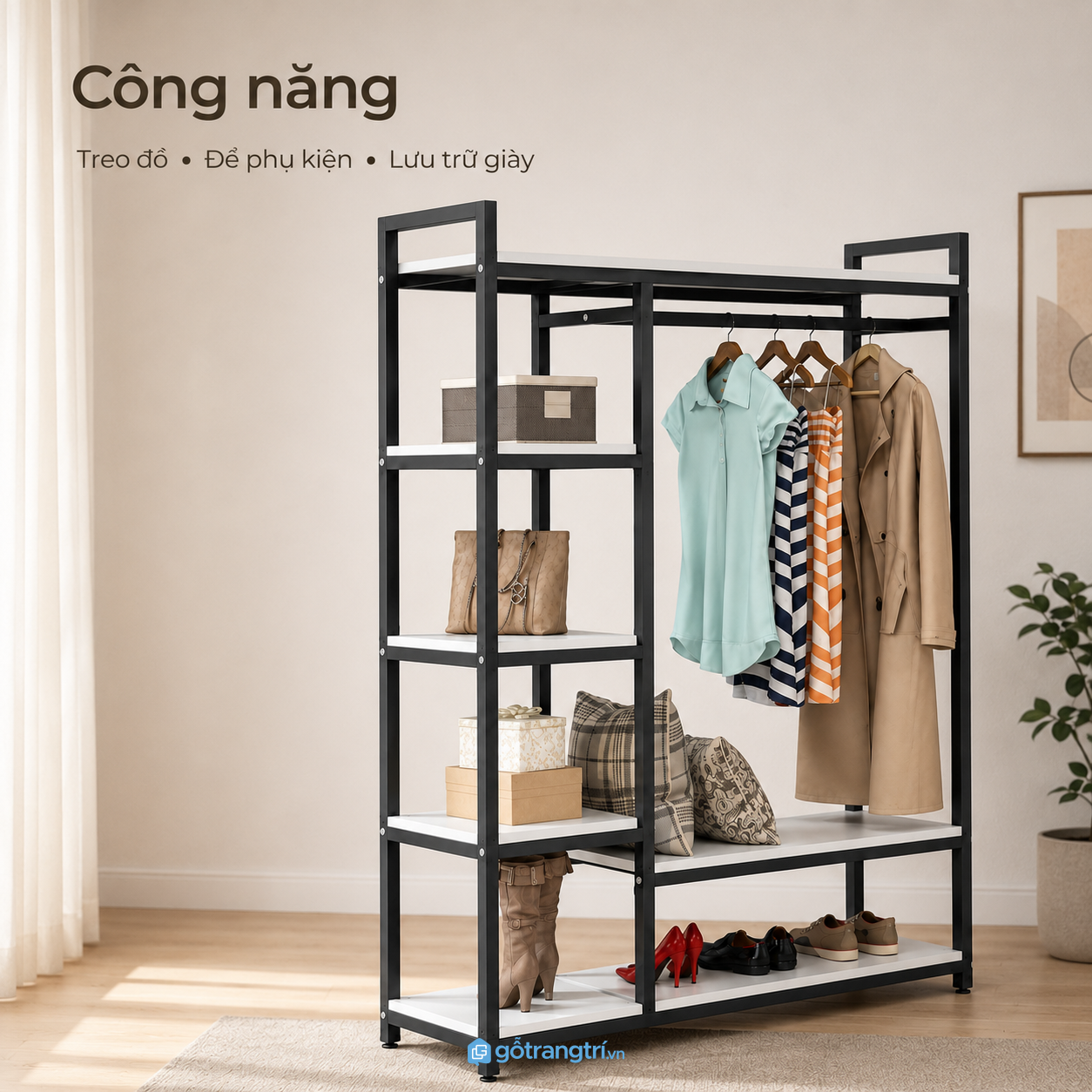Nhiều tầng lưu trữ quần áo, túi xách và giày dép