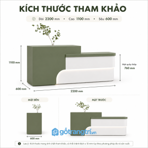 Quầy lễ tân chữ L hiện đại màu xanh olive cho không gian chuyên nghiệp