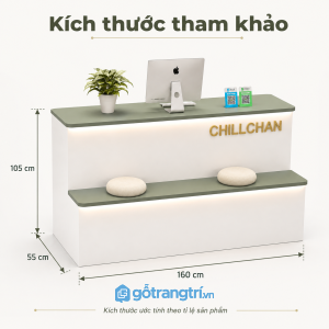 Quầy lễ tân hiện đại màu trắng xanh có đèn LED cho spa, showroom và văn phòng