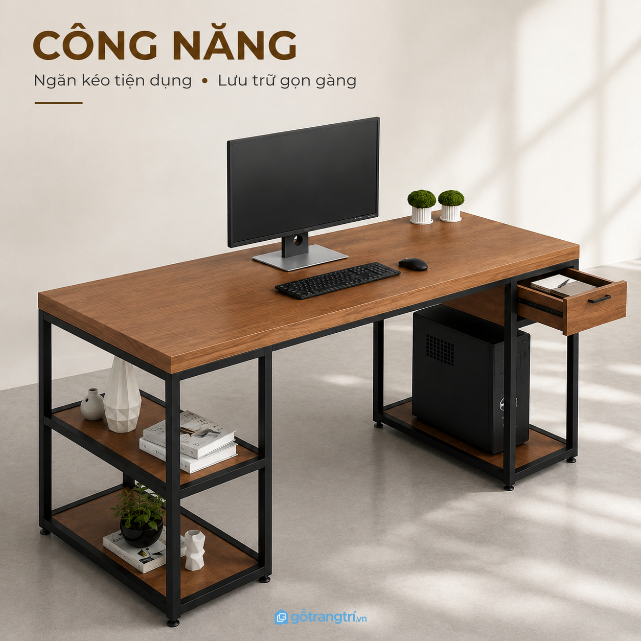 Tăng không gian lưu trữ với kệ mở và ngăn kéo tiện dụng