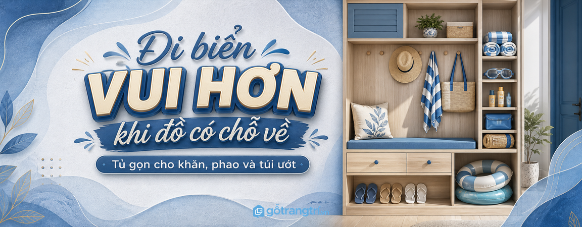 Tủ đồ đi biển cửa nhà phố: gọn khăn, phao, túi ướt sau mỗi chuyến đi