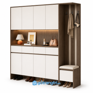 Tủ giày kịch trần xanh olive có ghế ngồi GHS-5075 - 1800x400x2000mm - Màu gỗ 613