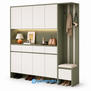 Tủ giày kịch trần xanh olive có ghế ngồi GHS-5075 - 1800x400x2000mm - Xanh olive
