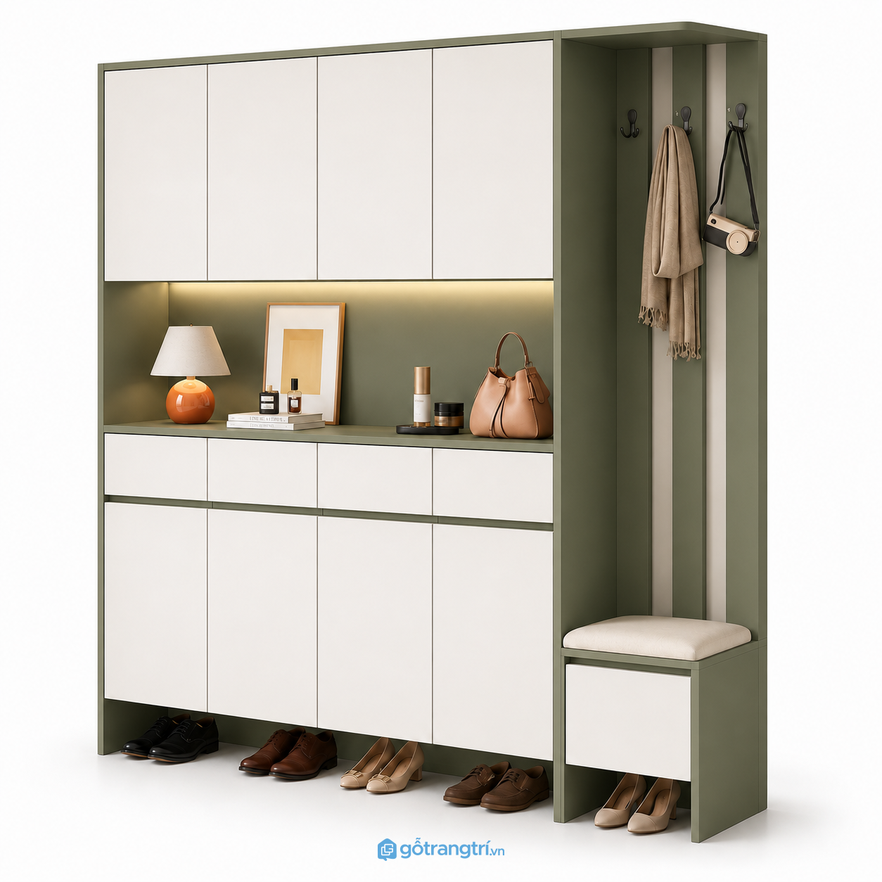 Tủ giày kịch trần xanh olive có ghế ngồi GHS-5075 - 1800x400x2000mm - Xanh olive