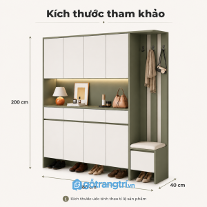 Tủ giày kịch trần xanh olive có ghế ngồi tiện dụng cho sảnh vào