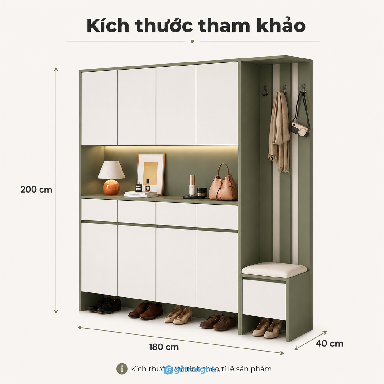 Tủ giày kịch trần xanh olive có ghế ngồi tiện dụng cho sảnh vào
