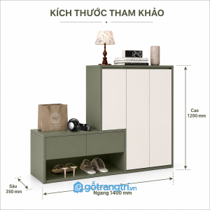 Tủ giày màu xanh olive kết hợp ghế ngồi hiện đại, tiện dùng cho cửa ra vào